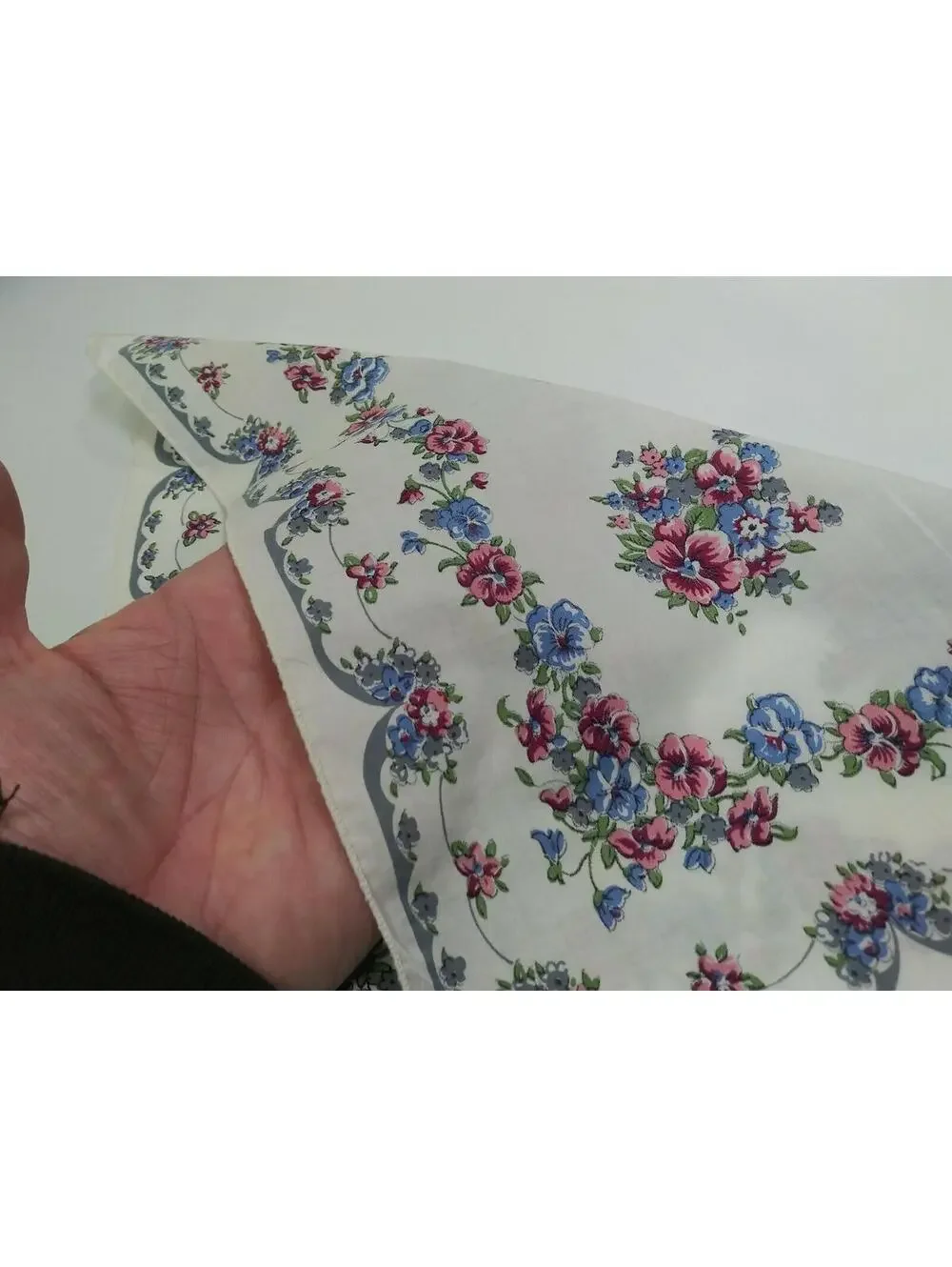 Vintage Hankie Cotton Gray White Floral Periwinkle Floral Handkerchief Placemat